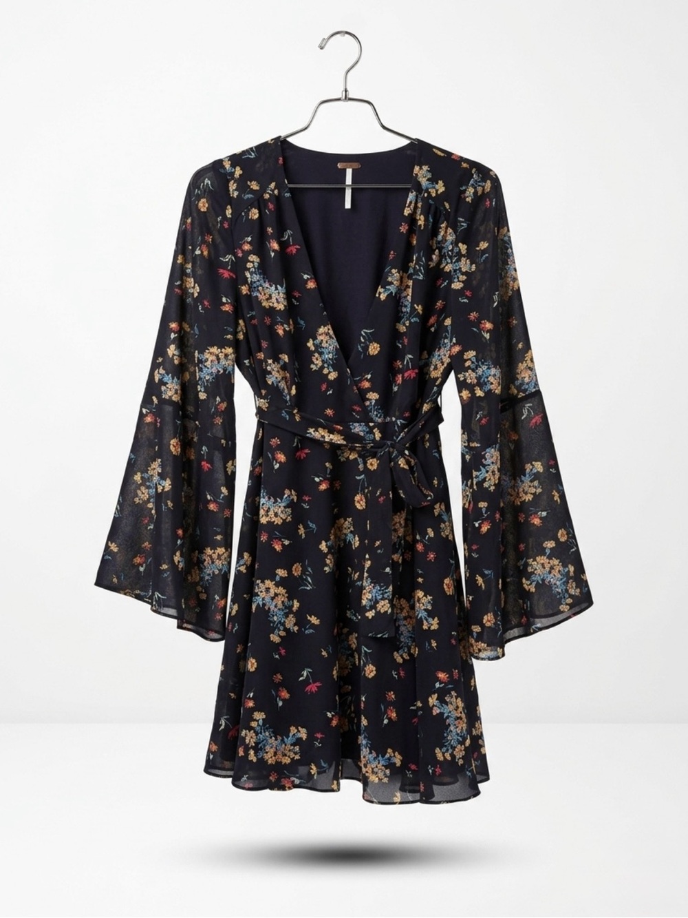 Free People Floral Bell Sleeve Wrap Mini Dress Black Boho Size M